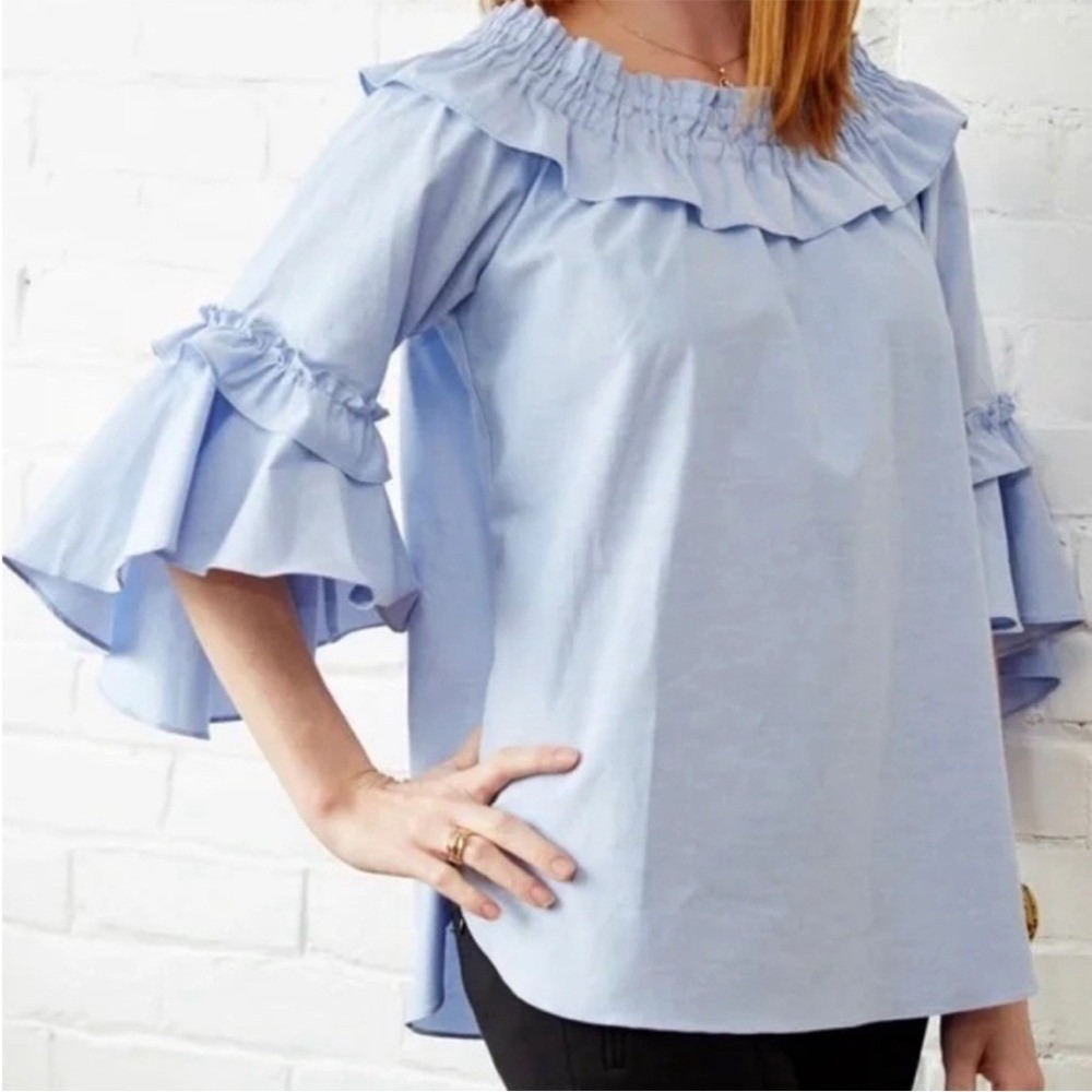 Sara Campbell Poplin Ruffle Blue 3/4 sleeve top sz XS